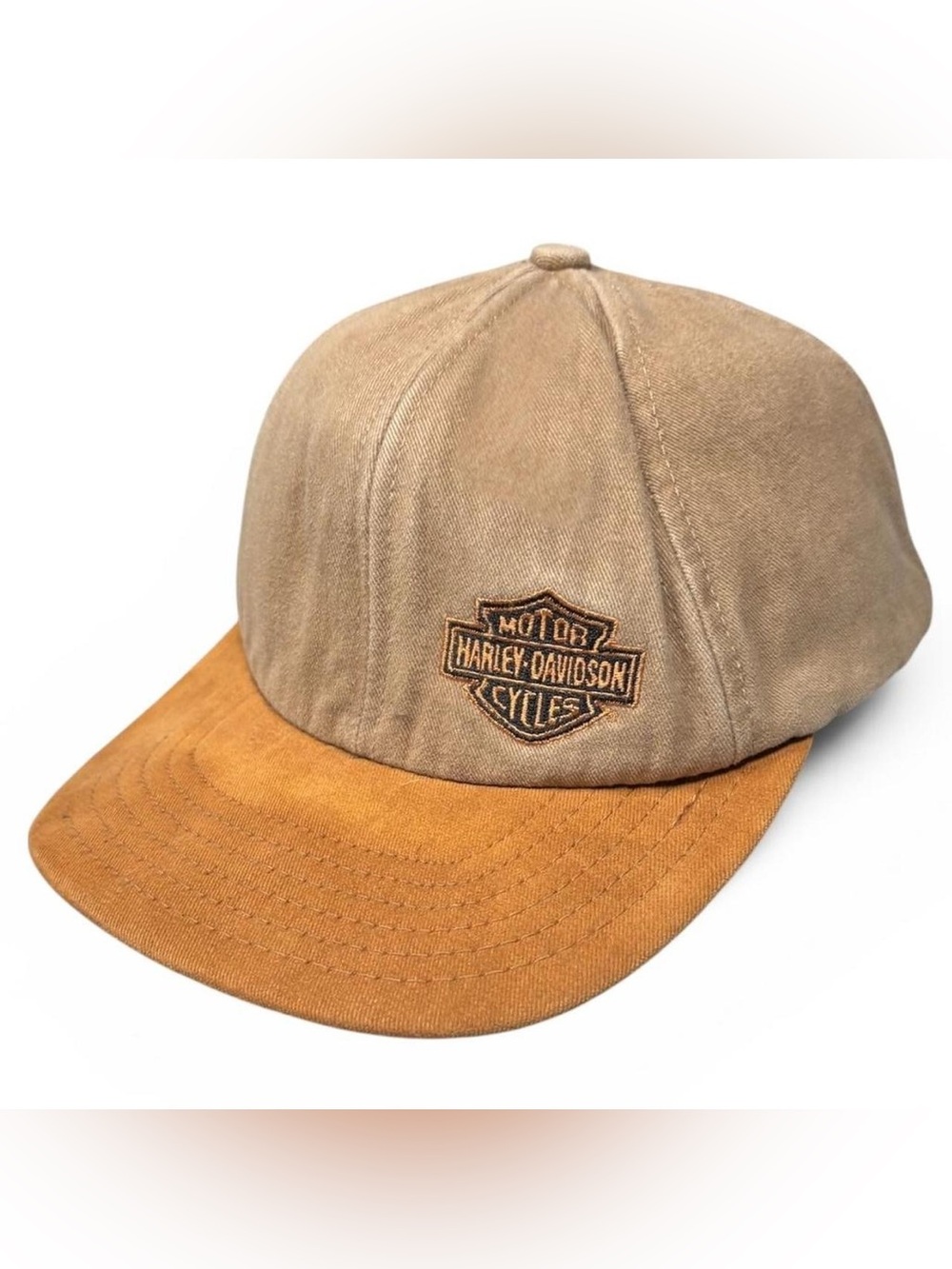 Vintage 90s Harley Davidson Motorcycles Snapback Hat Cap Made In USA Tan Beige